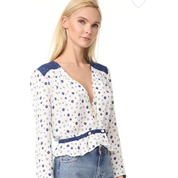 Free People Mixed Media Blue Geo Print Wrap Surplice Plunge Ruffle Blouse Top - Picture 4 of 9